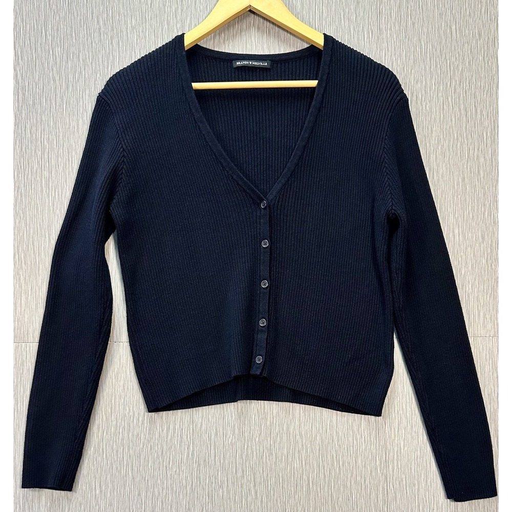 Brandy Melville Sweater Navy V Neck Buttoned Ribbed Cotton Top O/S